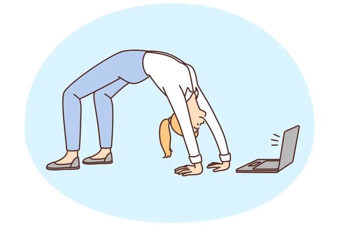 Businesswoman do gymnastics watching online fitness class  Illustration