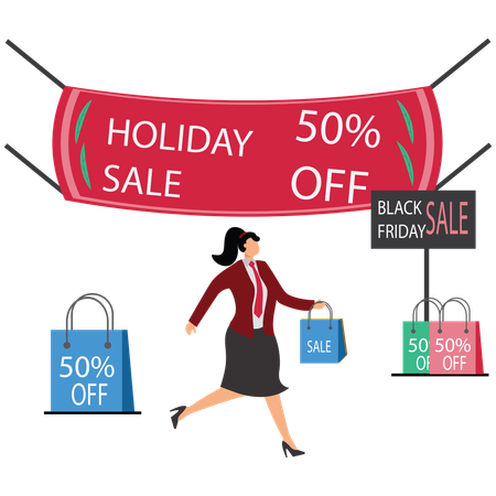 Businesswoman doing Black Friday and Holiday Sales shopping  Illustration