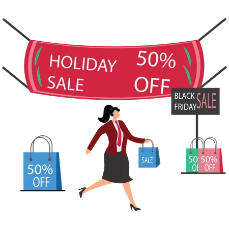 Businesswoman doing Black Friday and Holiday Sales shopping  Illustration