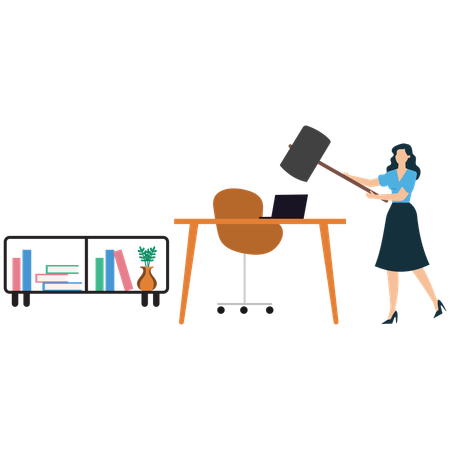 Businesswoman doing Hammer crashing workplace in office  Illustration