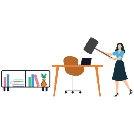Businesswoman doing Hammer crashing workplace in office  Illustration