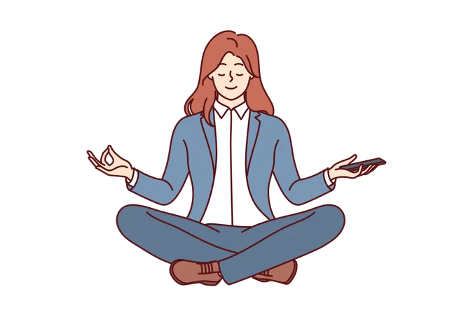 Business Woman Meditates And Practices Yoga To Get Rid Bad Emotions Or Learn Zen Buddhism Girl In Business Clothes Smiles Floating In Air And Meditates In Lotus Position Leading Healthy Lifestyle Illustration
