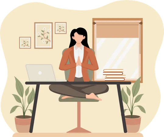 Businesswoman Doing Meditation at Workplace Illustration