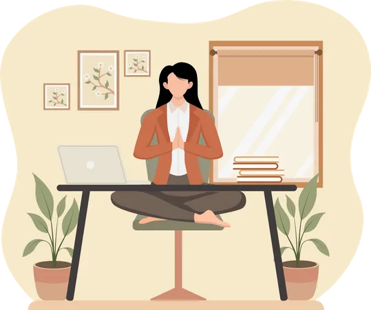 Businesswoman Doing Meditation at Workplace  Illustration