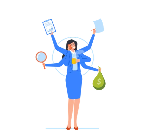Multitasking Project Time Management Personal Productivity Concept Effective Business Woman Managing Multiple Tasks Busy Girl With Many Hands At Work Isolated Cartoon People Vector Illustration Illustration
