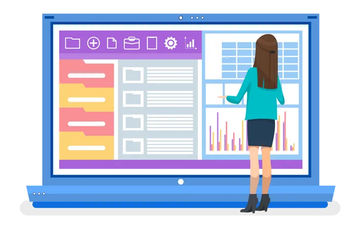 Businesswoman doing online analysis  Illustration