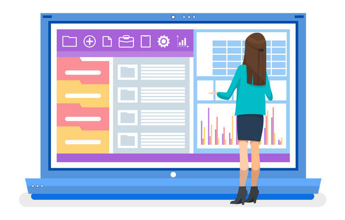 Businesswoman doing online analysis  일러스트레이션