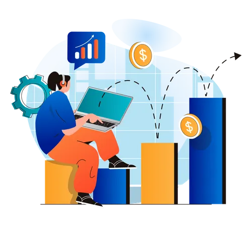 Business Growth Concept In Modern Flat Design Businesswoman Working At Laptop Analysis Data And Statistics Financial Success Profit Growth Achievement Of Career Goals Vector Illustration イラスト