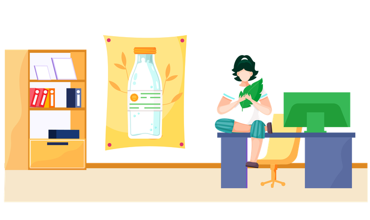 Businesswoman doing yoga on table in office  Illustration