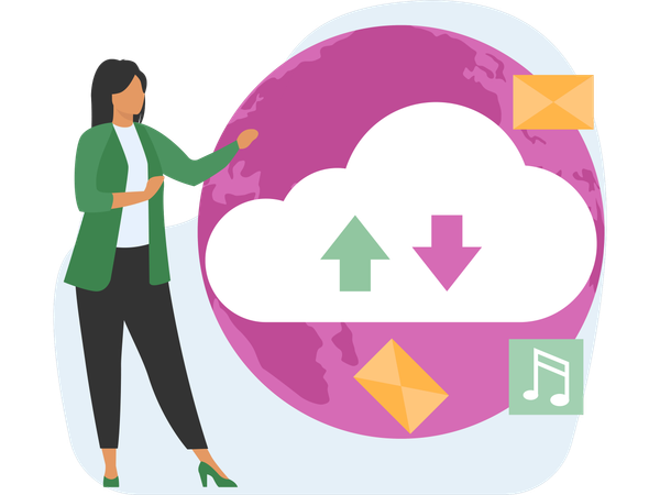 Businesswoman downloads uploads file from Cloud Networking  Illustration