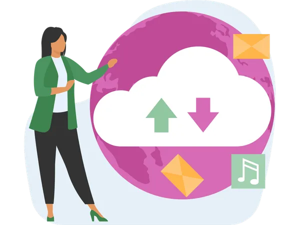 Businesswoman downloads uploads file from Cloud Networking  Illustration