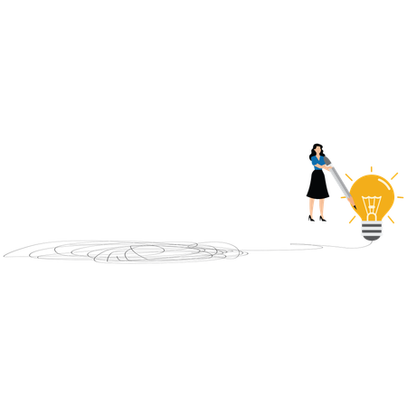 Businesswoman draw lightbulb from messy knot to simplify complex business problem  Illustration