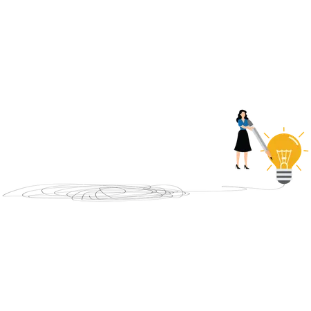 Businesswoman draw lightbulb from messy knot to simplify complex business problem  Illustration