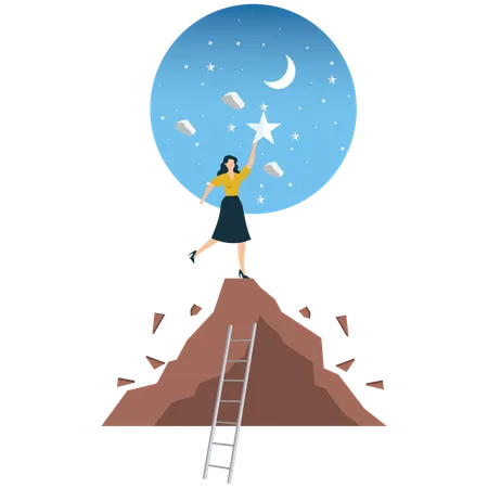 Businesswoman Dreams Big and Reach for the Stars  Illustration