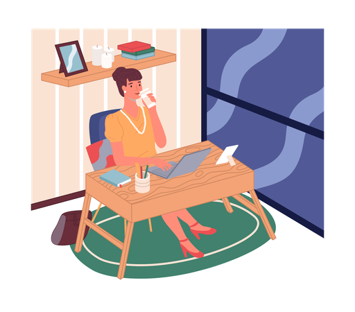 Businesswoman drinking coffee or tea and working with laptop  Illustration