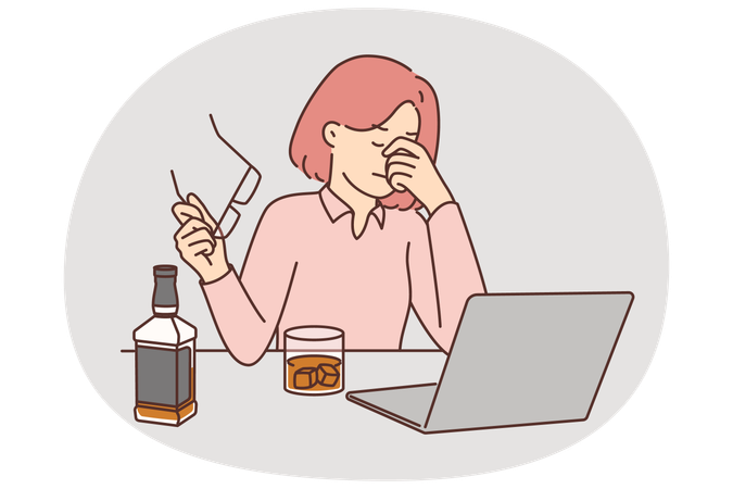 Businesswoman drinking whisky sitting near laptop and feeling stressed after company goes bankrupt  Illustration