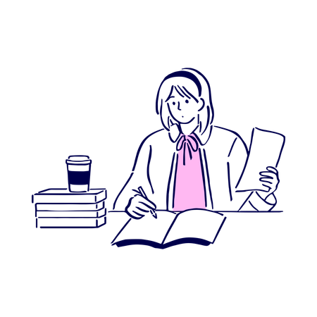 Businesswoman drinks coffee while preparing notes  Illustration