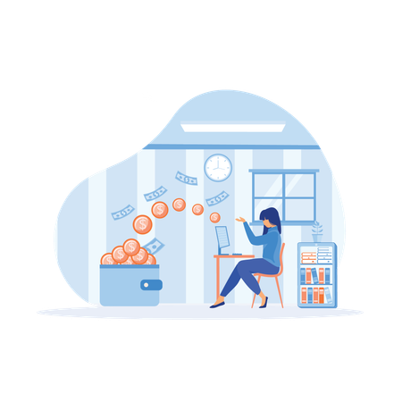 Businesswoman earns financial growth from share market  Illustration