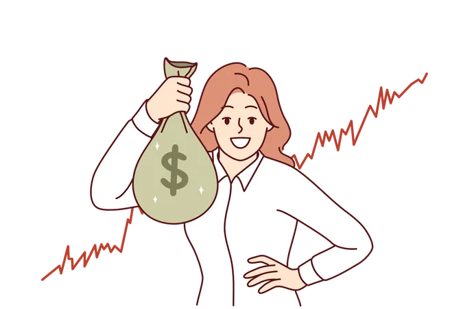 Successful Woman Trader With Bag Of Money Earned From Forex Investments Stands Near Financial Growing Chart Girl Trader Rejoices At Large Dividends Received After Ipo On Stock Market Illustration