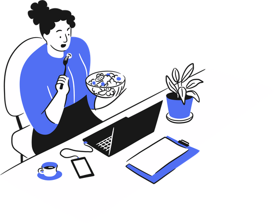 Businesswoman eating food in office Illustration