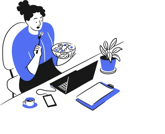 Businesswoman eating food in office Illustration