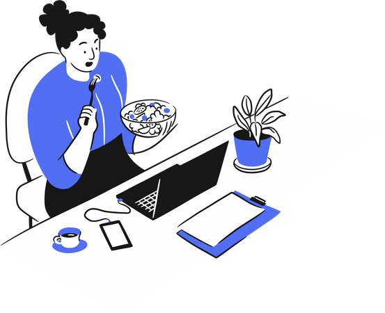 Businesswoman eating food in office  Illustration