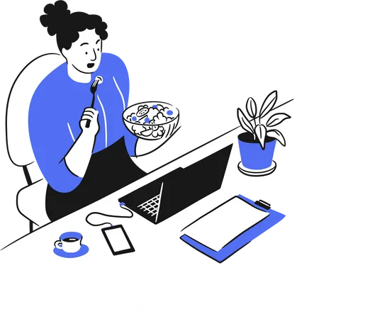 Businesswoman eating food in office  Illustration