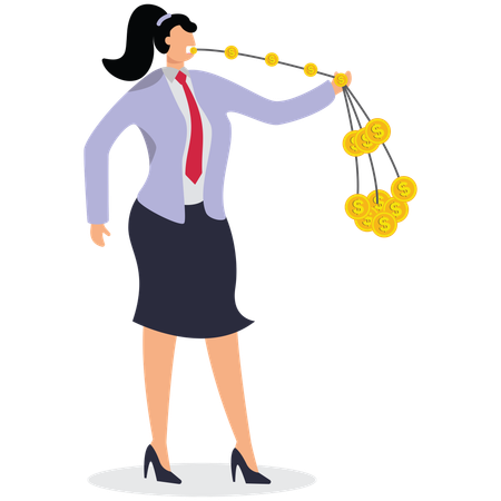 Businesswoman eating string of gold coins held in her hand  Illustration