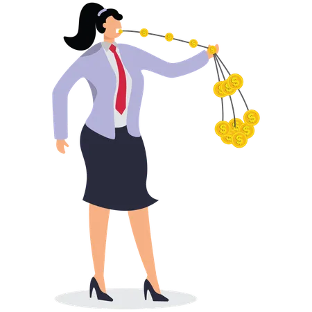 Businesswoman eating string of gold coins held in her hand  Illustration