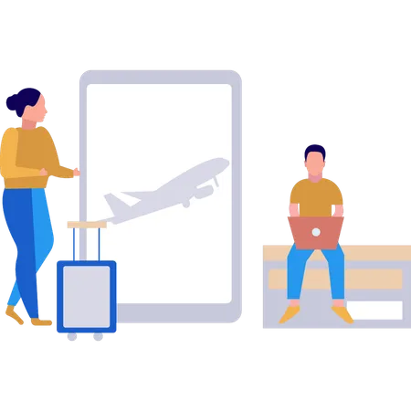 The Girl Is Looking At The Plane On The Screen Illustration