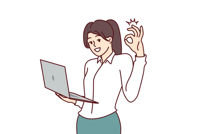 Woman CEO Of Company Stands With Laptop In Hands And Shows OK Gesture Giving Consent To Plan Proposed By Employees Businesswoman Performs Duties Of CEO Director And Looks At Screen Smiling Illustration