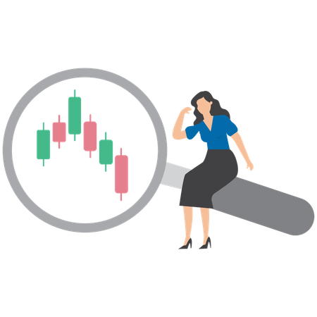 Businesswoman examine candlestick chart with magnifying glass symbolizing technical stock market analysis  Illustration