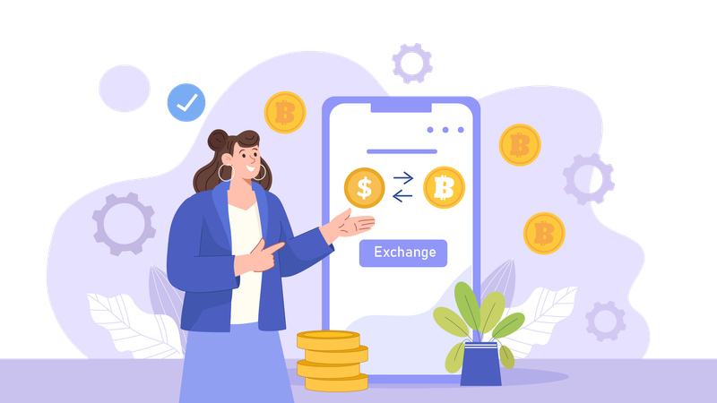 Businesswoman exchanges crypto currency coins  Illustration