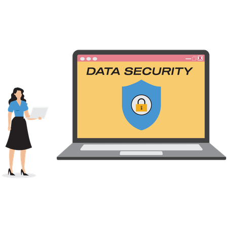 ノートパソコンのデータセキュリティについて説明するビジネスウーマン  イラスト