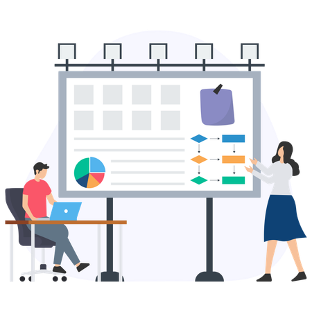 Businesswoman explaining workflow using flowchart on whiteboard during presentation  Illustration
