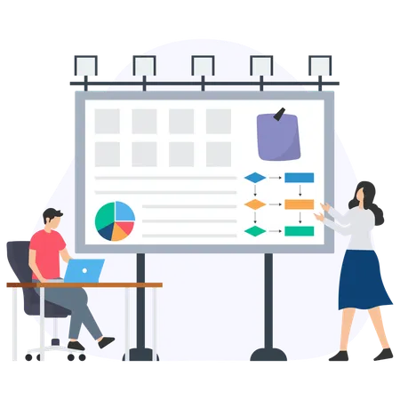 Businesswoman explaining workflow using flowchart on whiteboard during presentation  Illustration