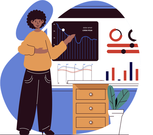 Businesswoman explains analysis data on presentation  Illustration