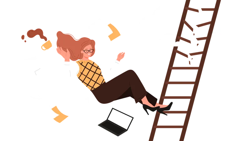 Businesswoman Falling From Career Ladder Woman Flying Down Stairs Due To Broken Steps Fail And Professional Crisis Of Lady Among Chaos Of Business Documents And Laptop Cartoon Vector Illustration Illustration