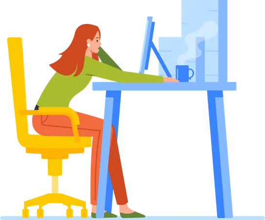 Stress Deadline Employee Burnout Concept Tired Overloaded Business Woman With Coffee Cup On Desk Sit At Computer Desktop Trying To Figure Out Information At Workplace Cartoon Vector Illustration Illustration