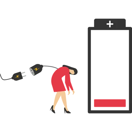 Businesswoman feeling tired and low power battery  Illustration