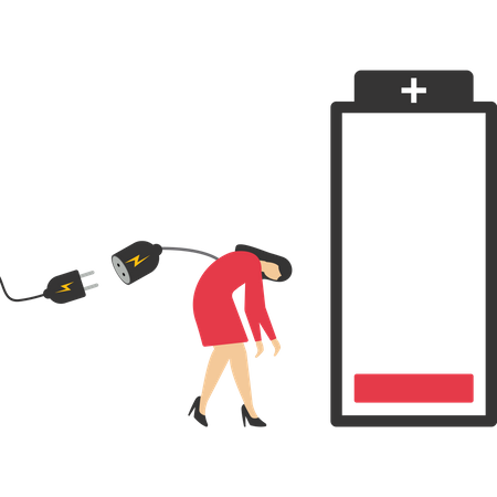 Businesswoman feeling tired and low power battery  Illustration