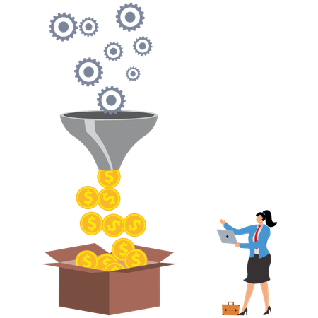 Businesswoman filtering money from funnel  Illustration