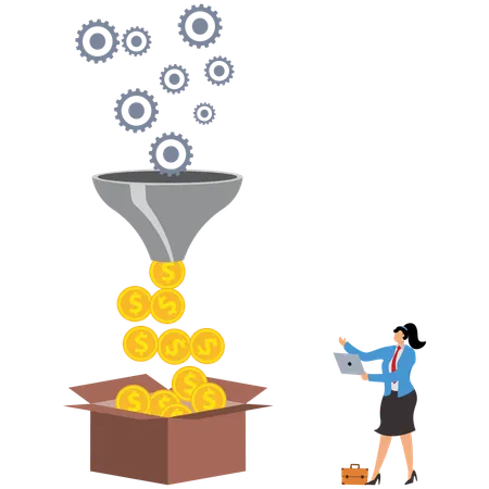 Businesswoman filtering money from funnel  Illustration