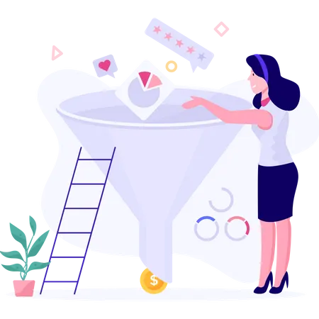 Businesswoman filtering profit from marketing and management  Illustration
