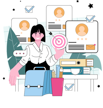 Businesswoman finding best employee profile  Illustration