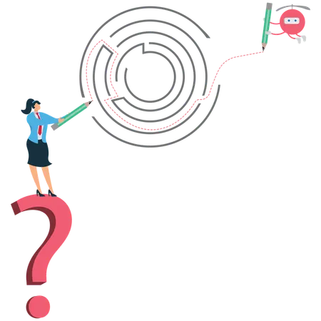 Businesswoman finding maze solution with AI to promote ideas and creativity  Illustration