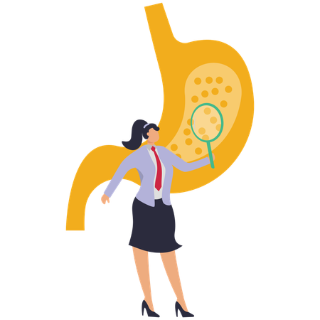 Businesswoman finding Stomach heartburn using Magnifying Glass  Illustration