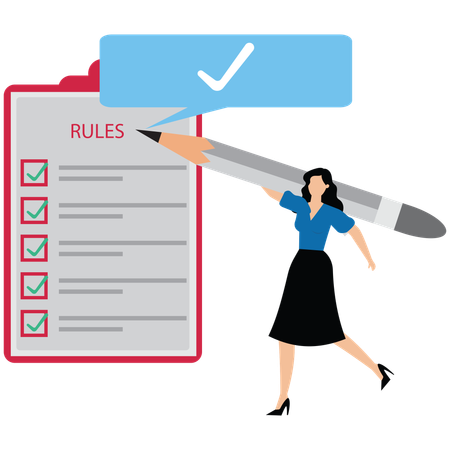 Businesswoman finish writing rule and regulation document symbolizing corporate compliance and guideline  Illustration
