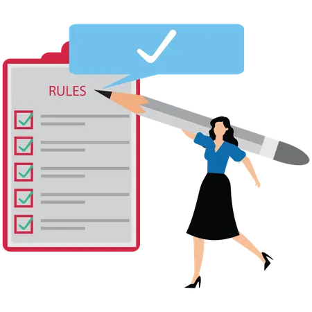 Businesswoman finish writing rule and regulation document symbolizing corporate compliance and guideline  Illustration