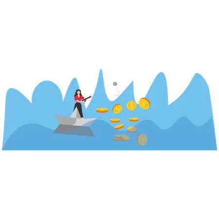 Businesswoman fishing for money  Illustration